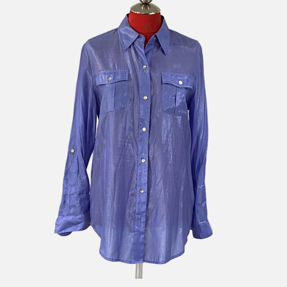 Chico's size 1 / M / 8 shimmery blue long sleeve blouse roll cuffs chest pockets